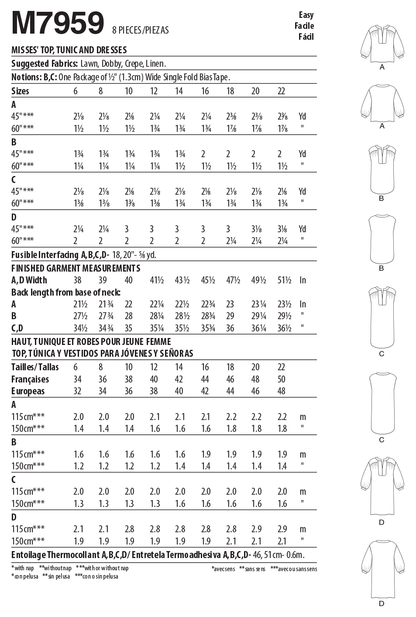 McCall's M7959 sewing pattern envelope showing top, tunic and dress