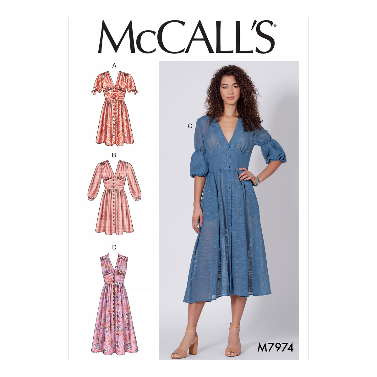 McCall's M7974 sewing pattern envelope showing button-front dress