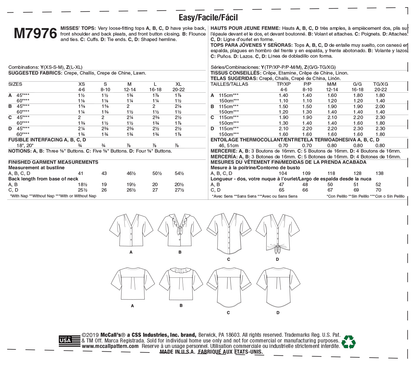 McCall's M7976 sewing pattern envelope showing button-front top