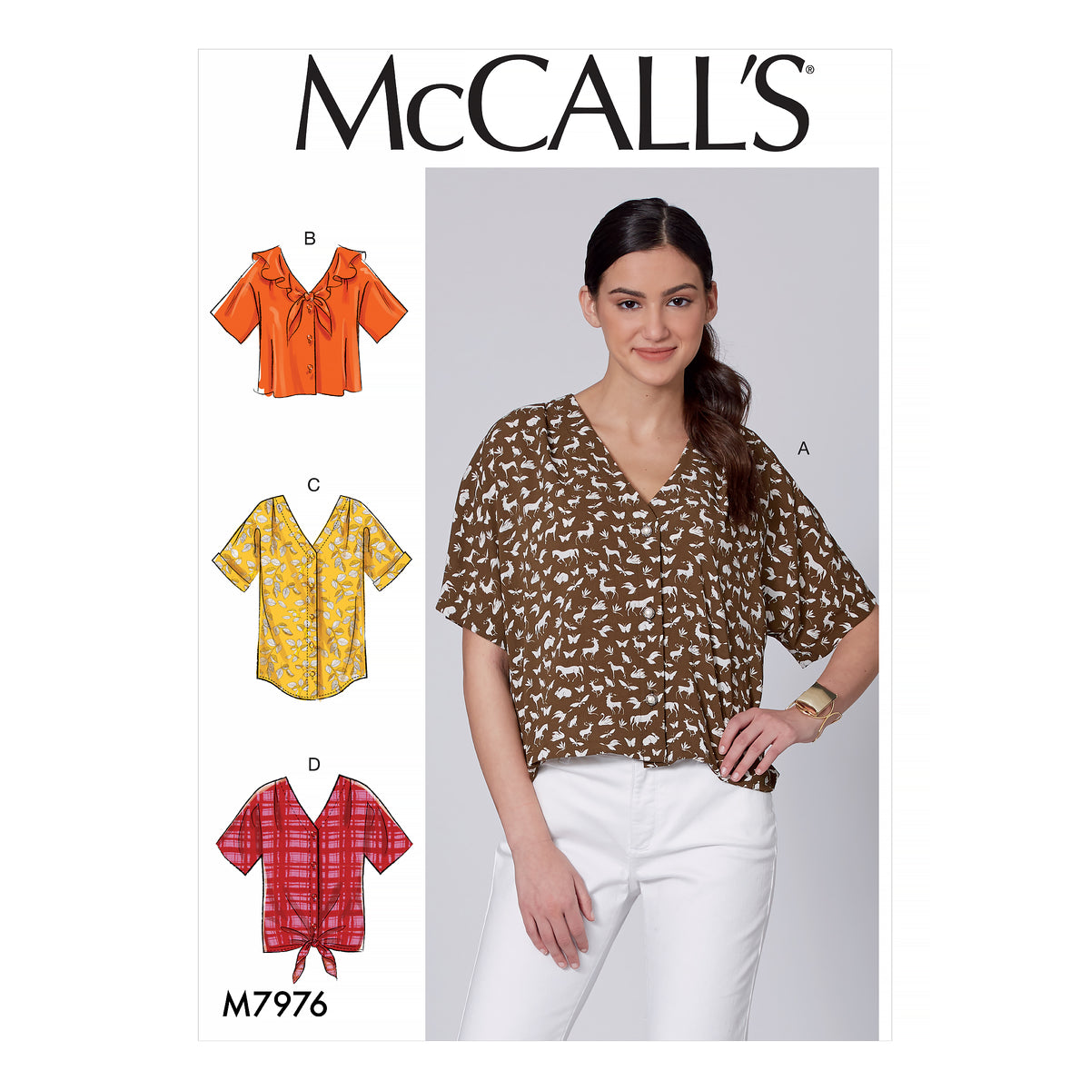McCall's M7976 sewing pattern envelope showing button-front top
