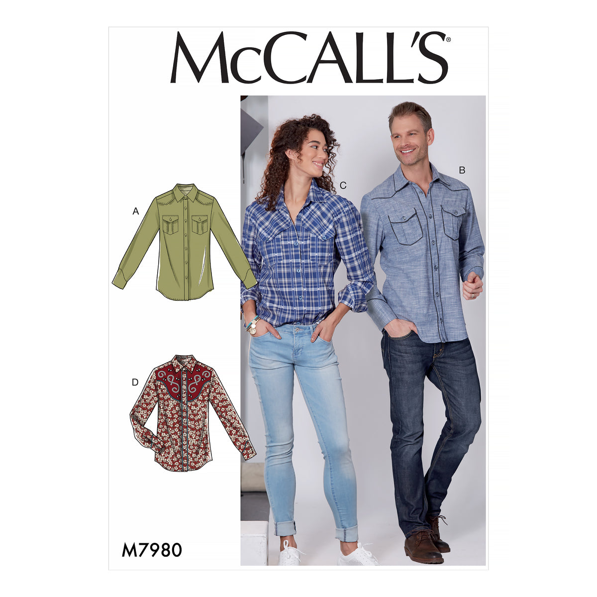 McCall's M7980 sewing pattern envelope showing unisex shirt