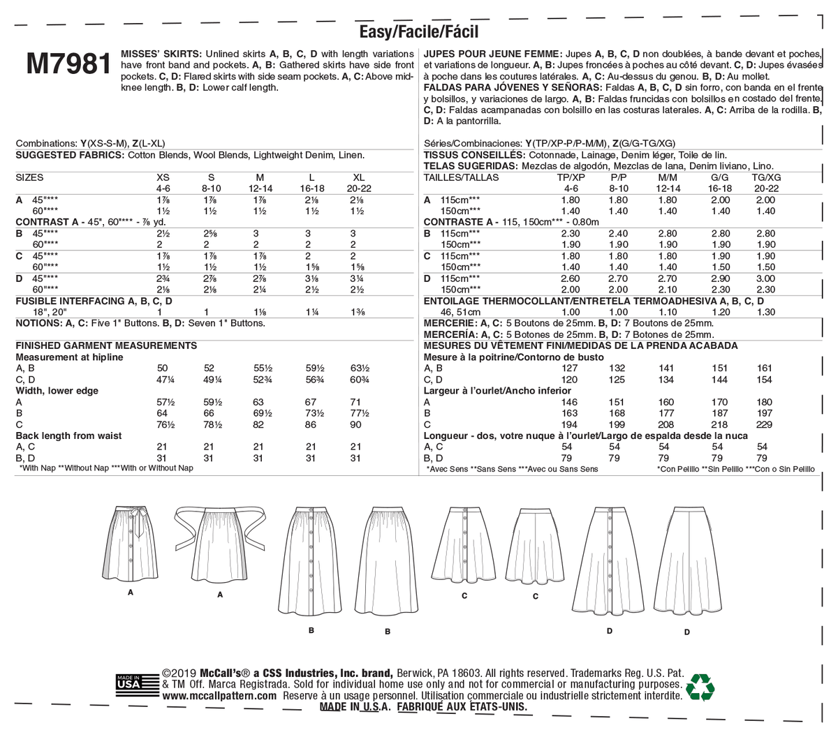 McCall's M7981 sewing pattern envelope showing skirt
