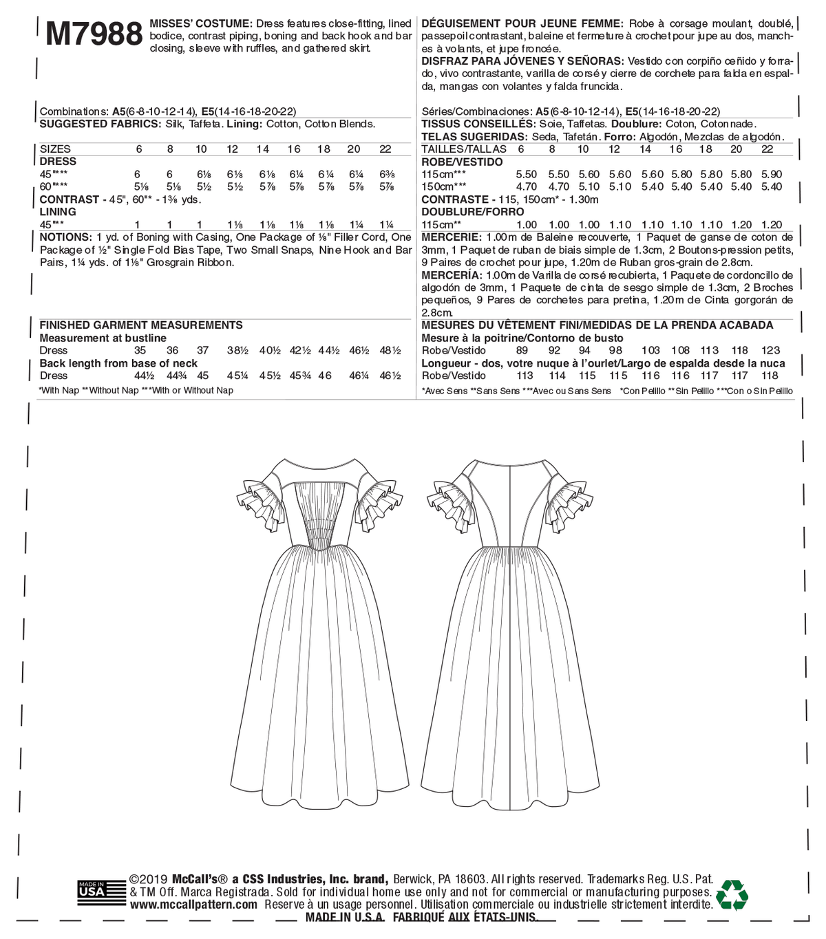 McCall's M7988 sewing pattern envelope showing costume dress