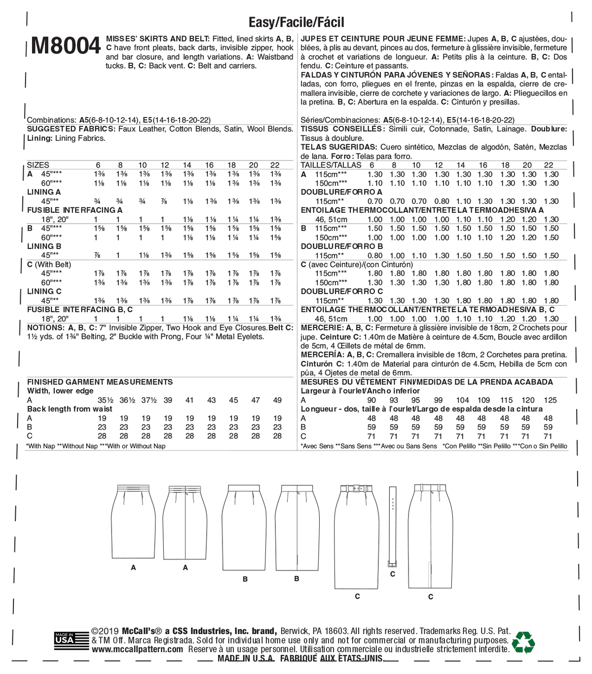 McCall's M8004 sewing pattern envelope showing lined skirt