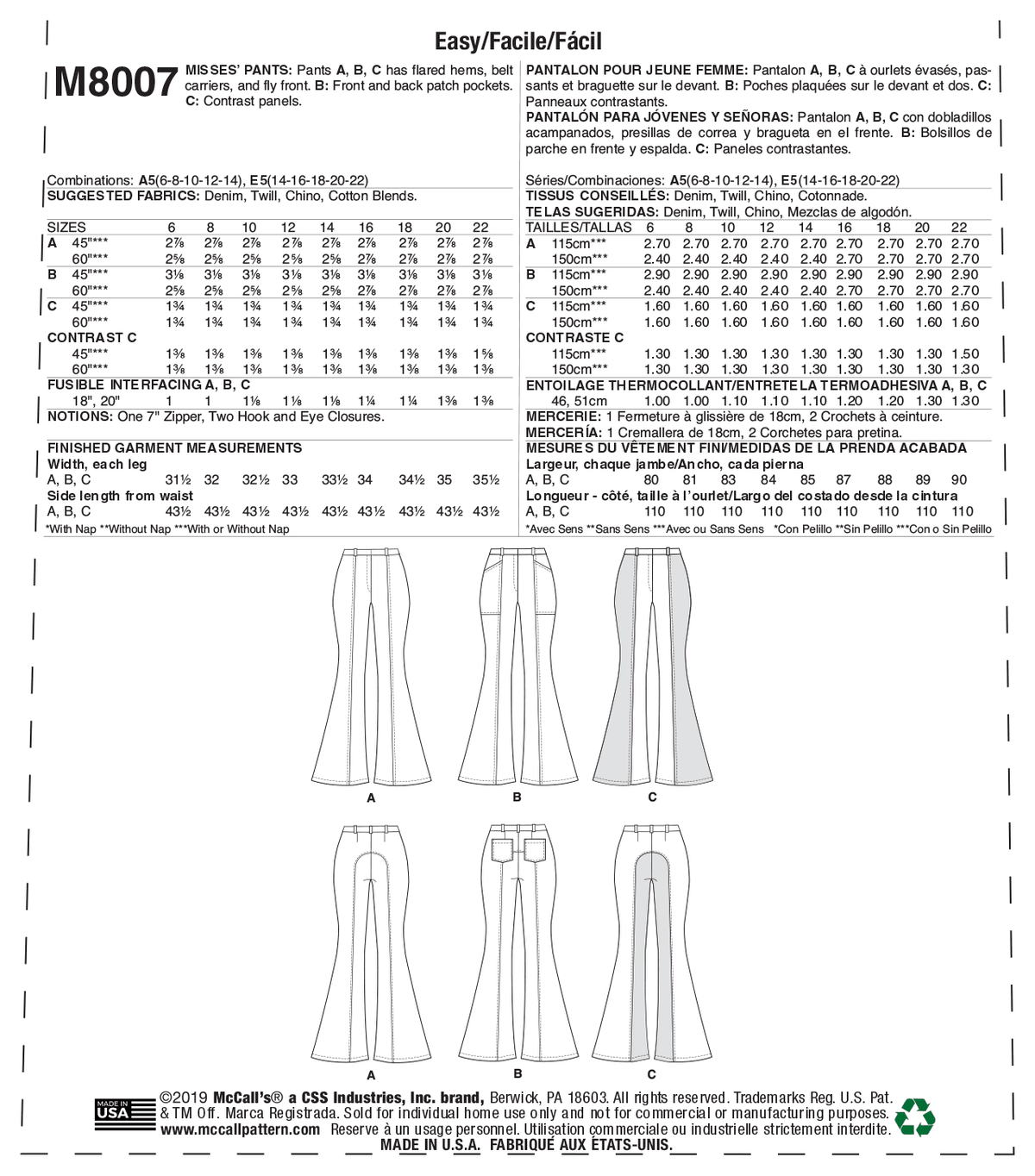 McCall's M8007 sewing pattern envelope showing flared trousers