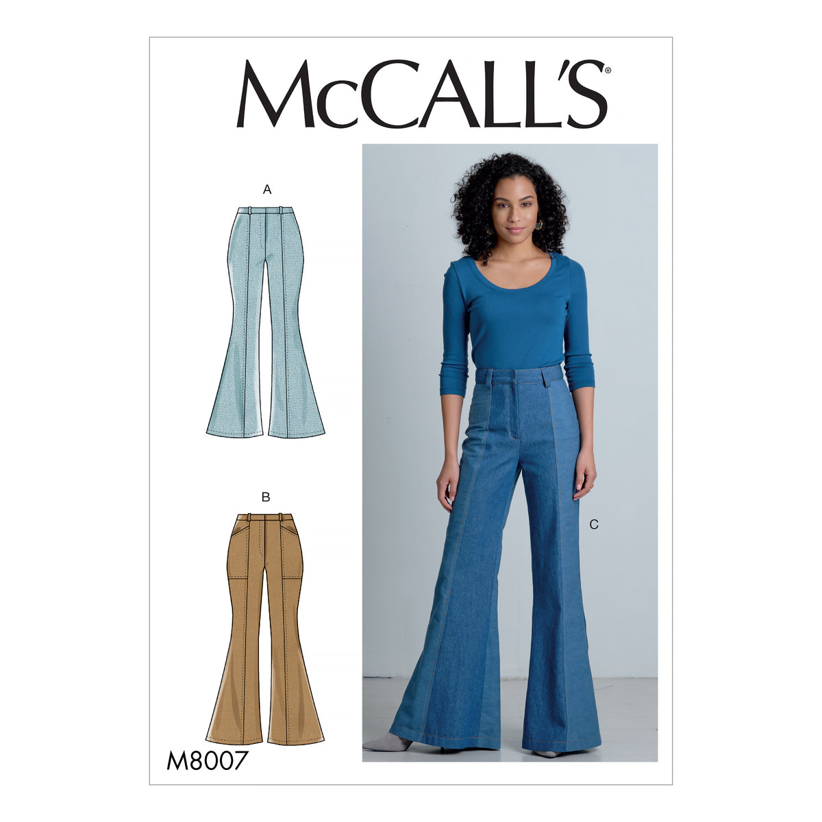 McCall's M8007 sewing pattern envelope showing flared trousers
