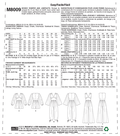 McCall's M8009 sewing pattern envelope showing jumpsuit and romper