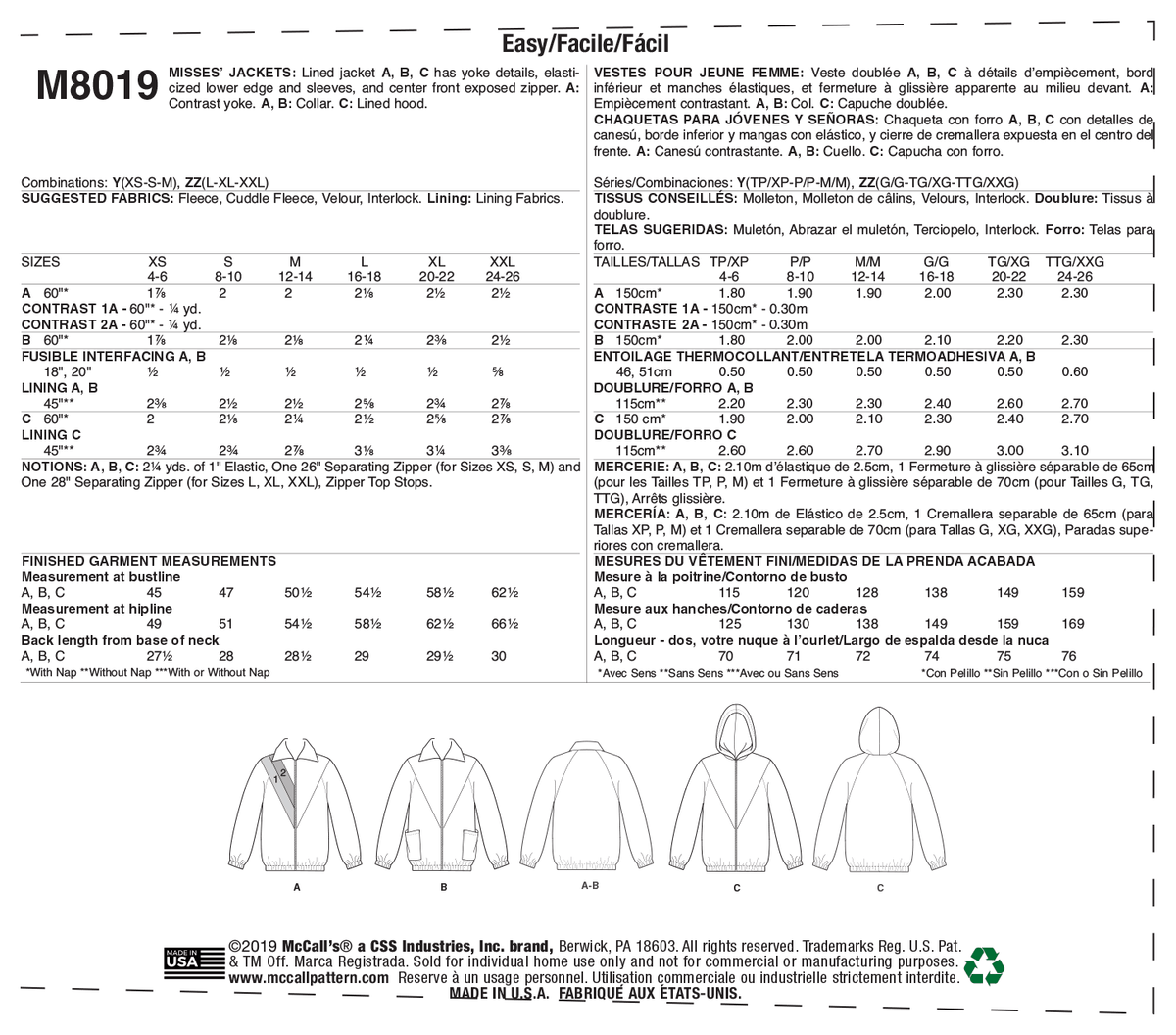 McCall's M8019 sewing pattern envelope showing lined jacket