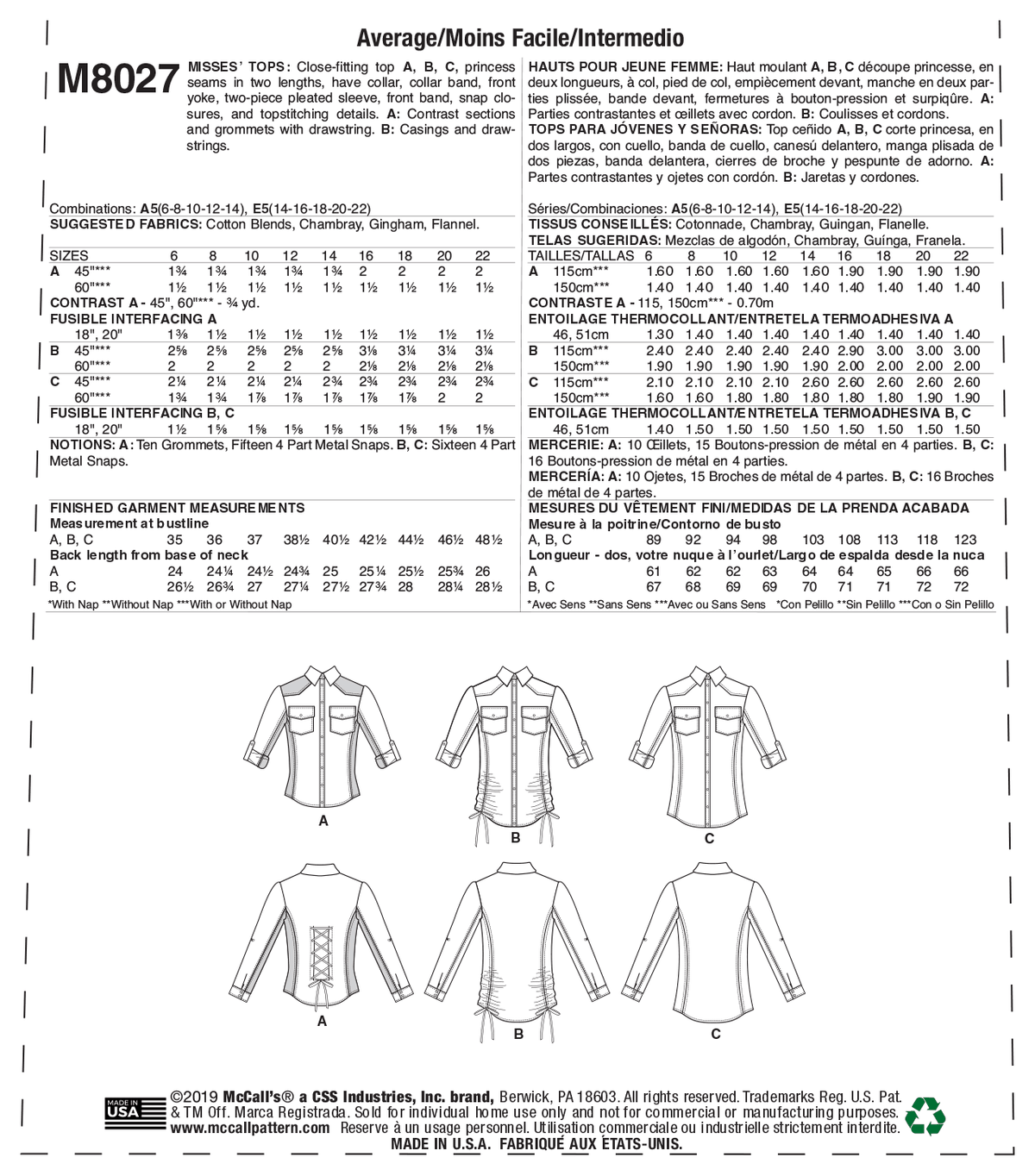McCall's M8027 sewing pattern envelope showing princess seam top
