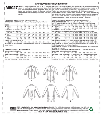 McCall's M8027 sewing pattern envelope showing princess seam top