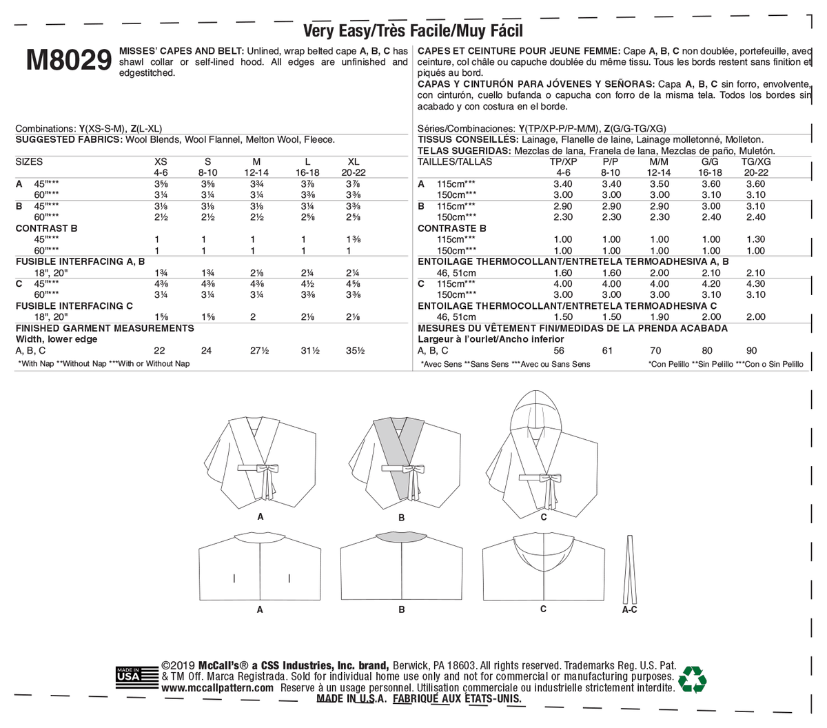McCall's M8029 sewing pattern envelope showing wrap cape