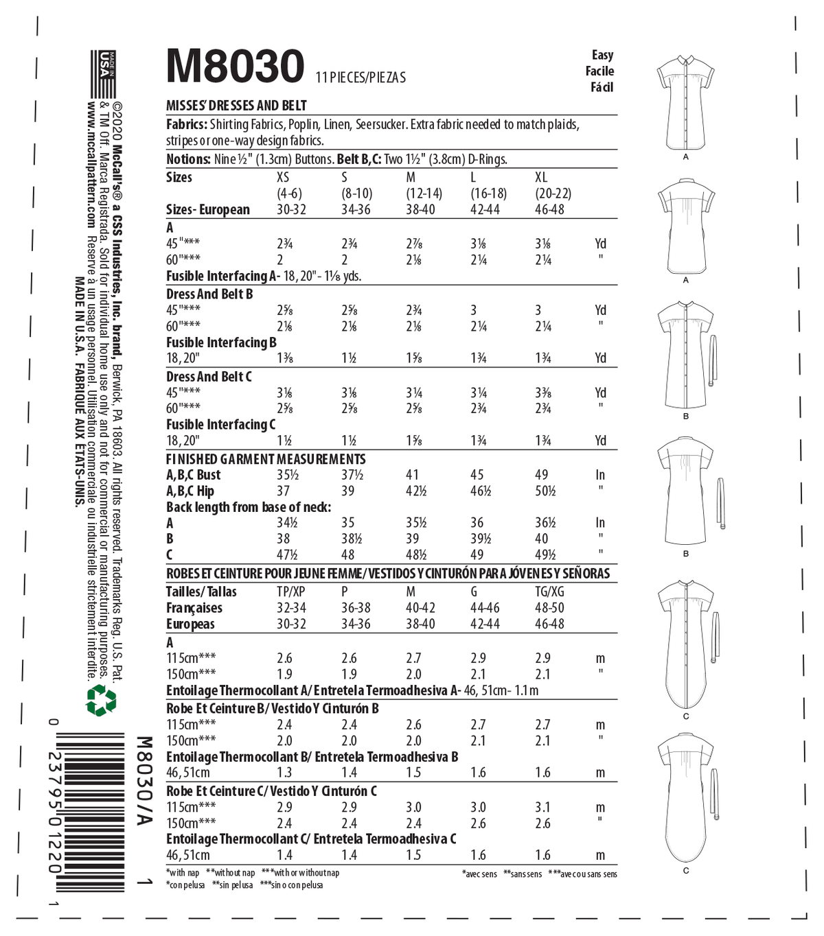 McCall's M8030 sewing pattern envelope showing shirt dress