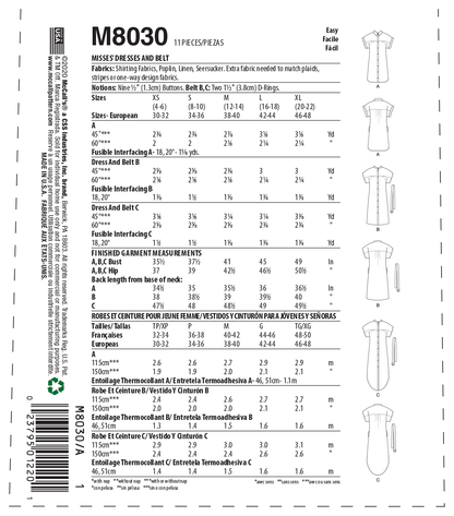 McCall's M8030 sewing pattern envelope showing shirt dress
