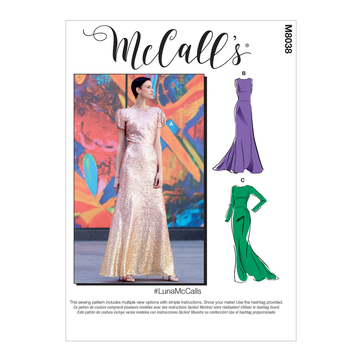 McCall's M8038 sewing pattern envelope showing evening gown designs