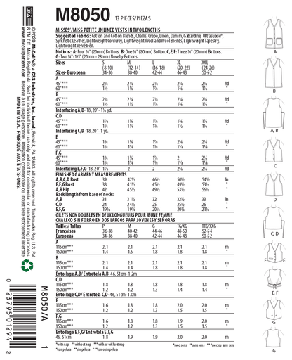 McCall's M8050 sewing pattern envelope showing unlined vest designs