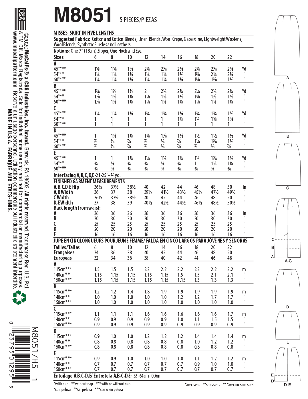 McCall's M8051 sewing pattern envelope showing skirt designs