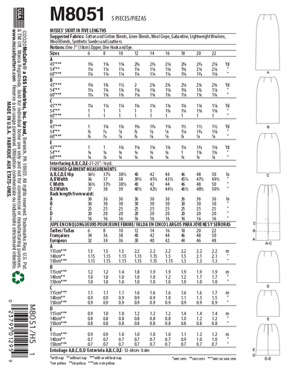 McCall's M8051 sewing pattern envelope showing skirt designs