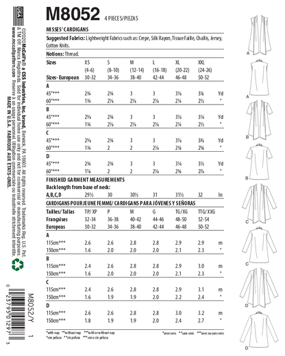 McCall's M8052 sewing pattern envelope showing shawl collar cardigan designs