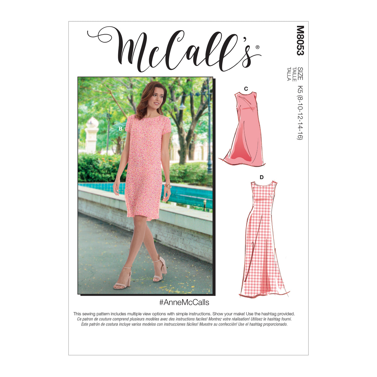 McCall's M8053 sewing pattern envelope showing sleeveless a-line dress designs