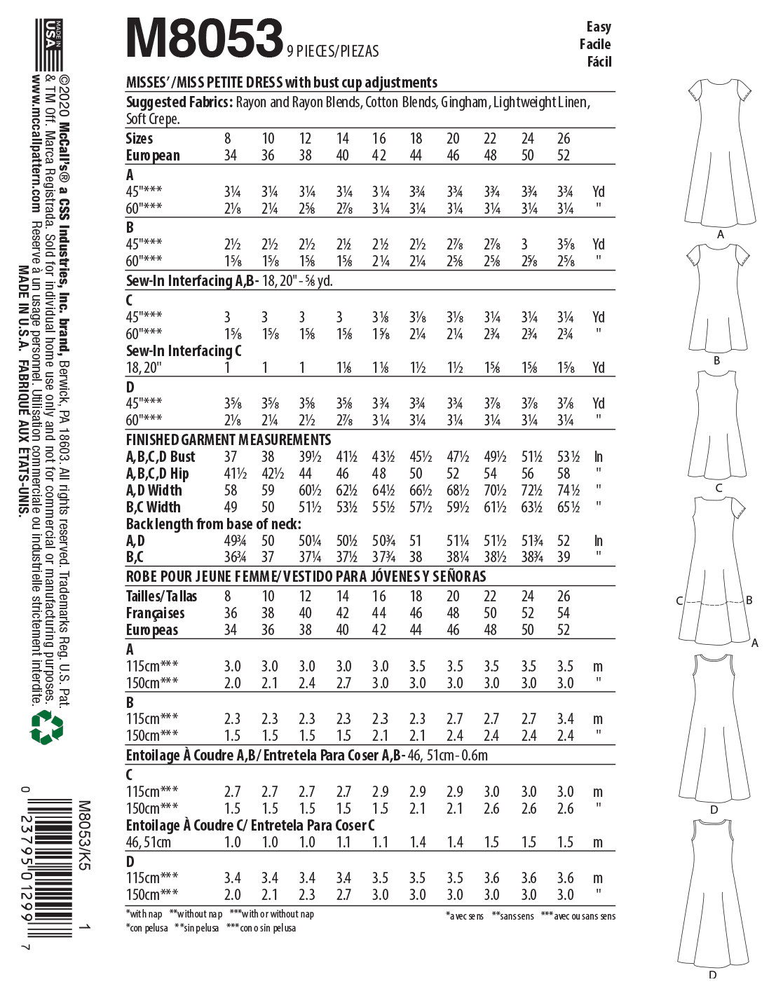 McCall's M8053 sewing pattern envelope showing sleeveless a-line dress designs