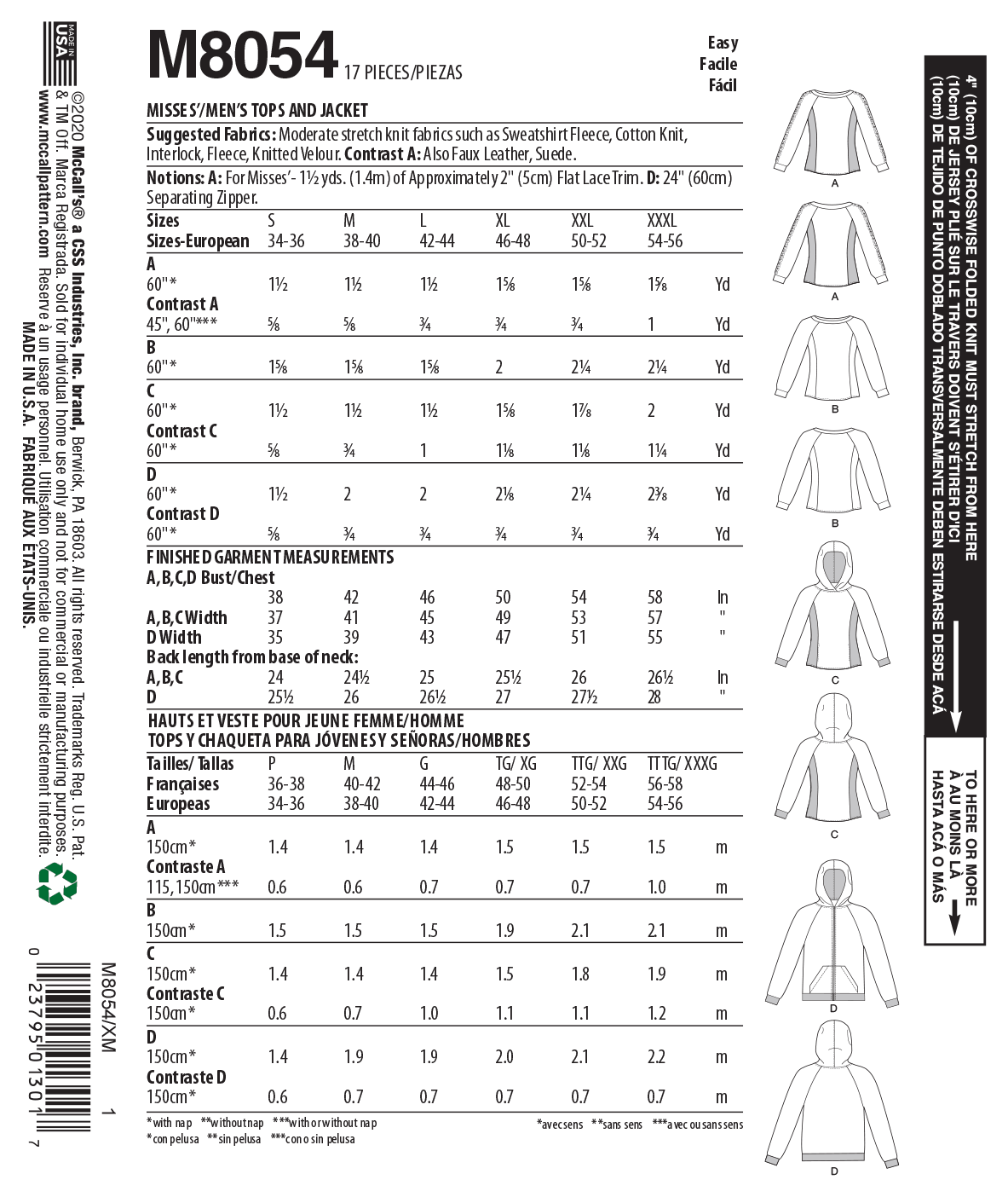 McCall's M8054 sewing pattern envelope showing unisex pullover top designs