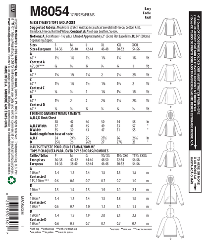 McCall's M8054 sewing pattern envelope showing unisex pullover top designs