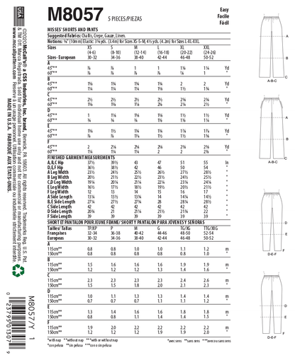 McCall's M8057 sewing pattern envelope showing shorts and trousers designs