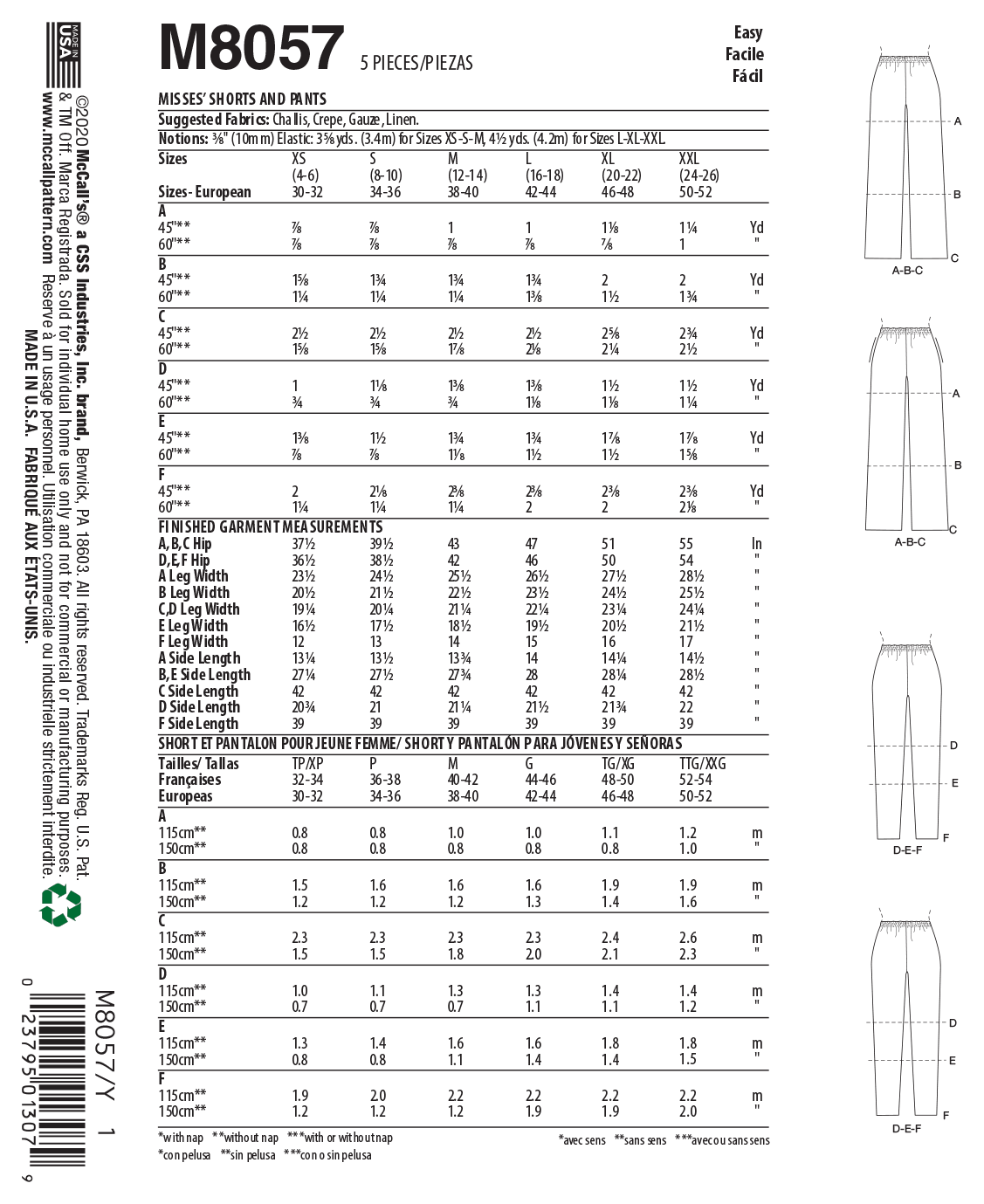 McCall's M8057 sewing pattern envelope showing shorts and trousers designs