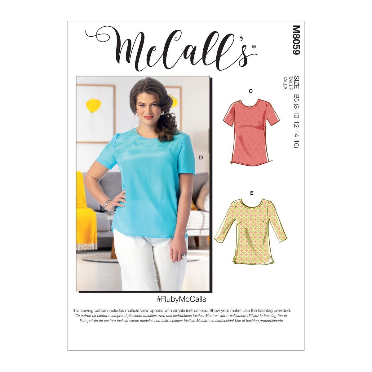 McCall's M8059 sewing pattern envelope showing tops and tunics designs