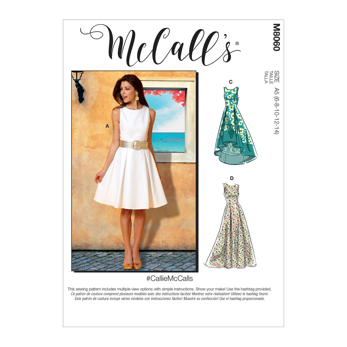 McCall's M8060 sewing pattern envelope showing sleeveless pleated dress designs