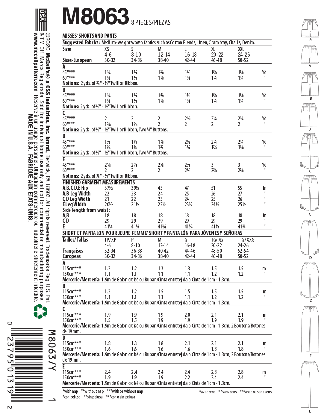 McCall's M8063 sewing pattern envelope showing shorts and trousers designs