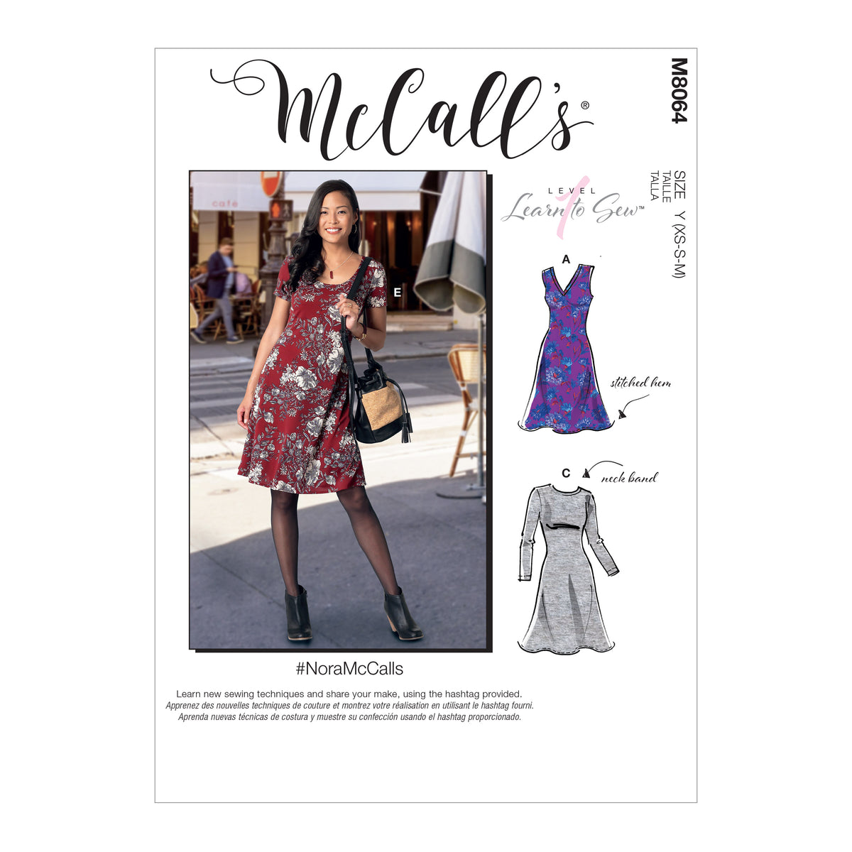McCall's M8064 sewing pattern envelope showing pullover dress designs