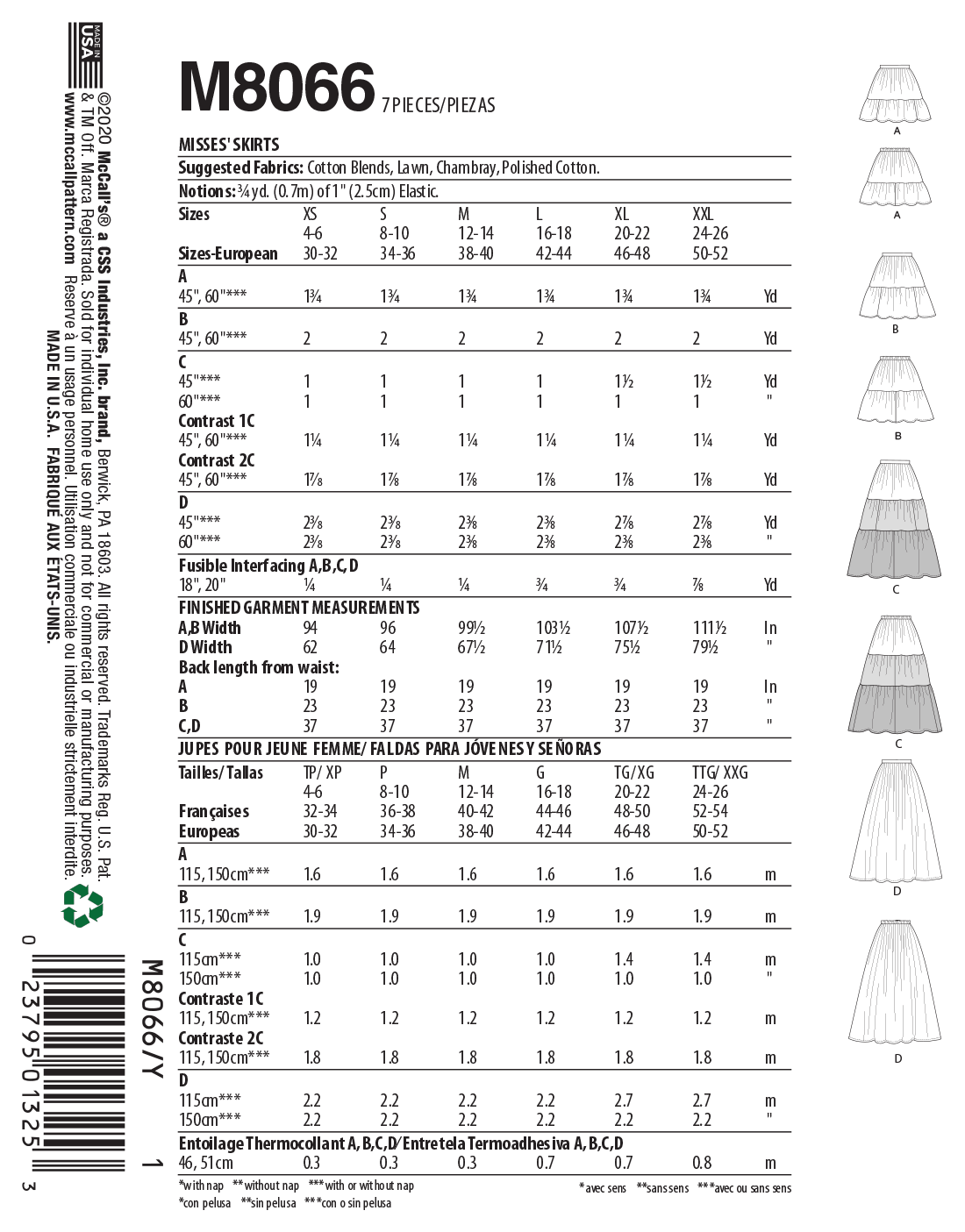 McCall's M8066 sewing pattern envelope showing pull-on skirt designs
