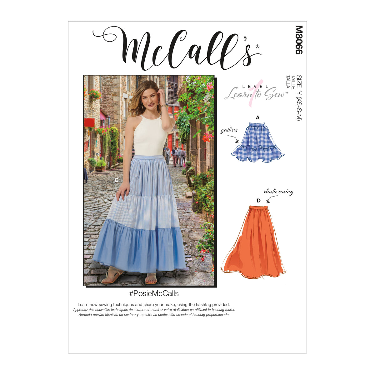 McCall's M8066 sewing pattern envelope showing pull-on skirt designs