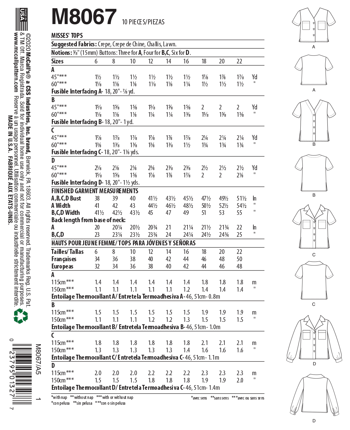 McCall's M8067 sewing pattern envelope showing loose-fitting top designs