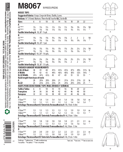 McCall's M8067 sewing pattern envelope showing loose-fitting top designs