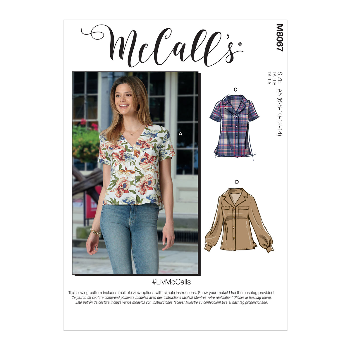 McCall's M8067 sewing pattern envelope showing loose-fitting top designs
