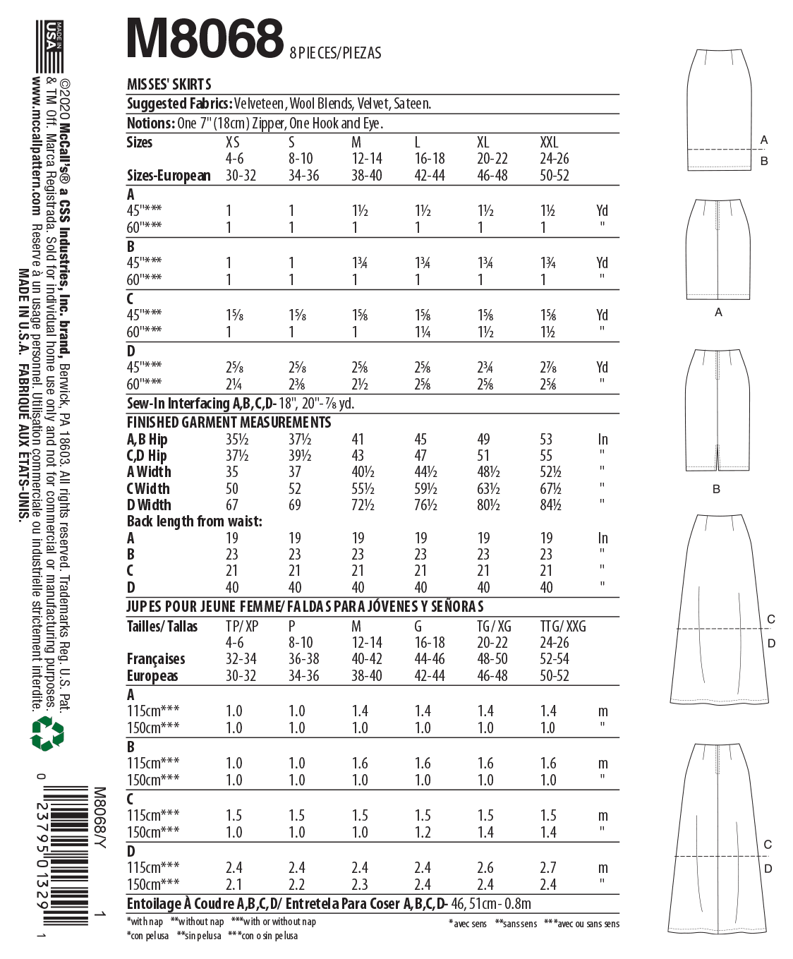 McCall's M8068 sewing pattern envelope showing skirt designs