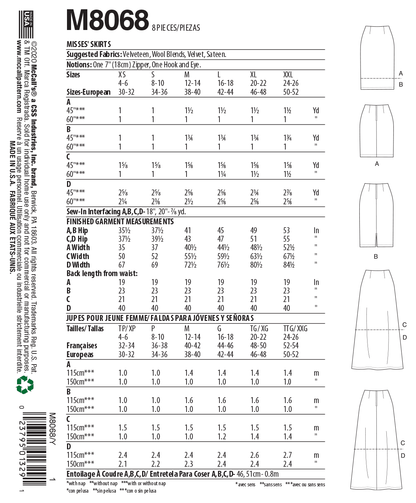 McCall's M8068 sewing pattern envelope showing skirt designs