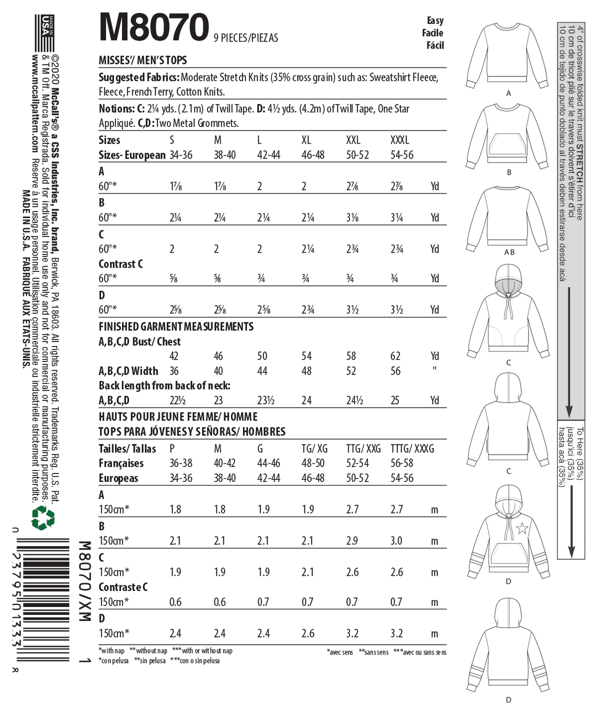 McCall's M8070 sewing pattern envelope showing unisex pullover top designs