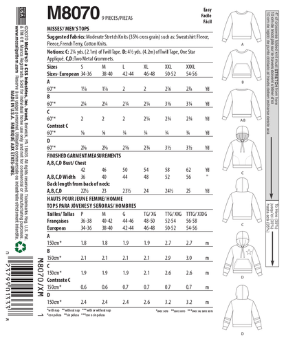 McCall's M8070 sewing pattern envelope showing unisex pullover top designs