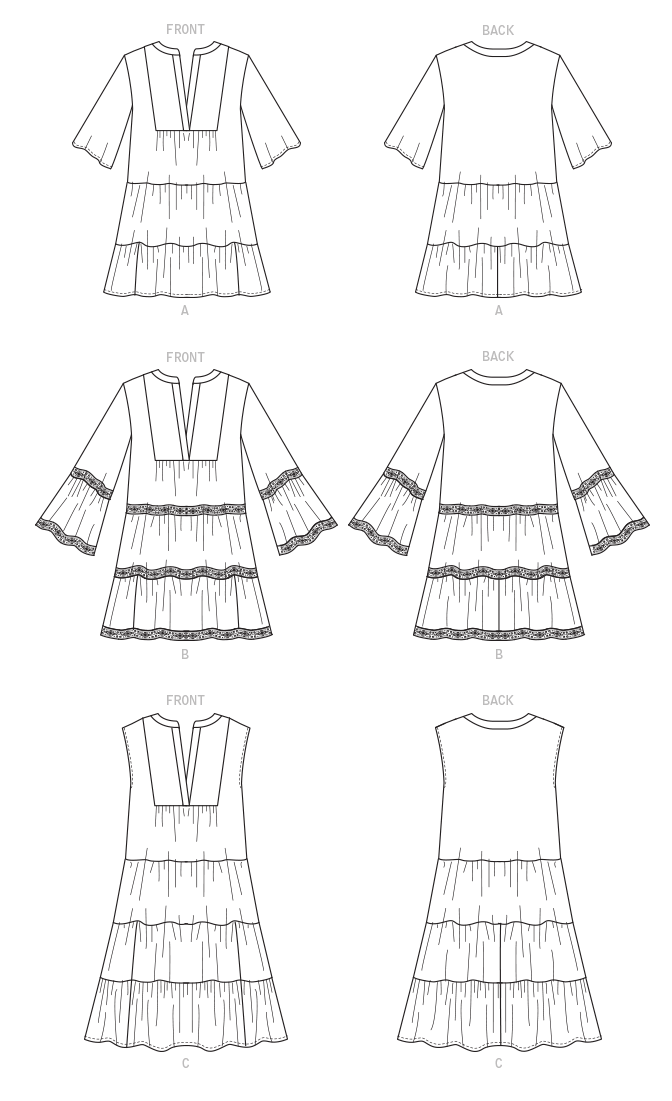 McCall's M8090 sewing pattern envelope showing tiered dress designs
