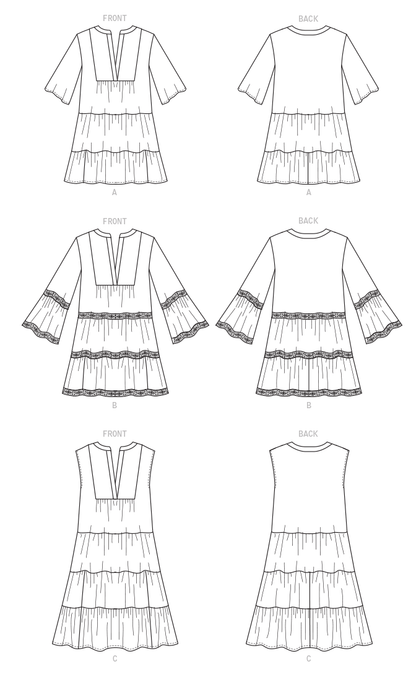 McCall's M8090 sewing pattern envelope showing tiered dress designs