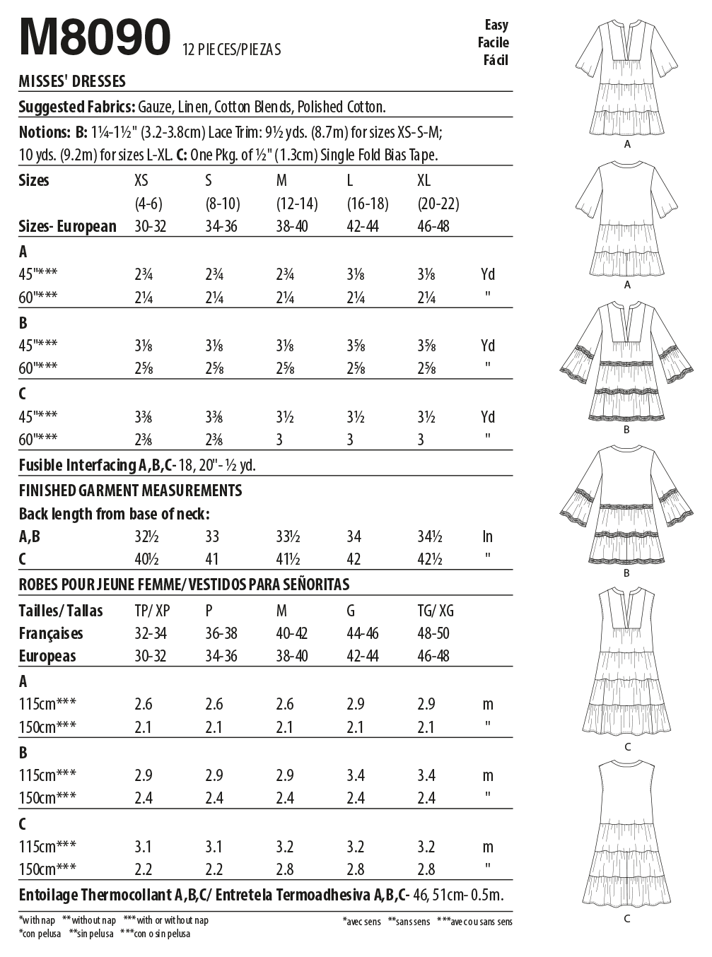 McCall's M8090 sewing pattern envelope showing tiered dress designs