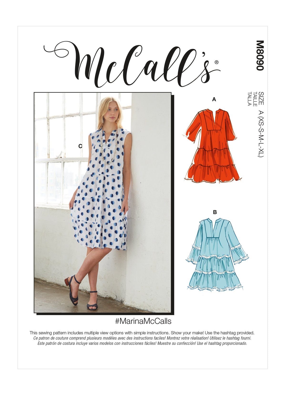 McCall's M8090 sewing pattern envelope showing tiered dress designs