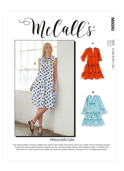 McCall's M8090 sewing pattern envelope showing tiered dress designs