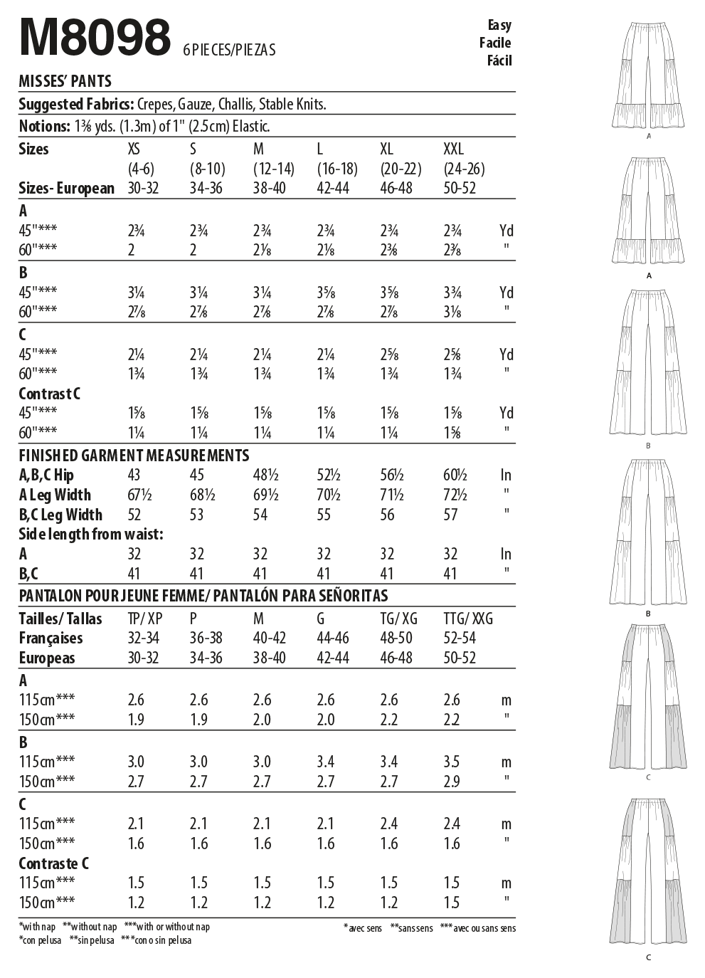 McCall's M8098 sewing pattern envelope showing wide leg trousers designs