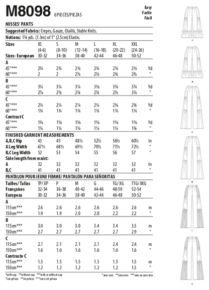 McCall's M8098 sewing pattern envelope showing wide leg trousers designs