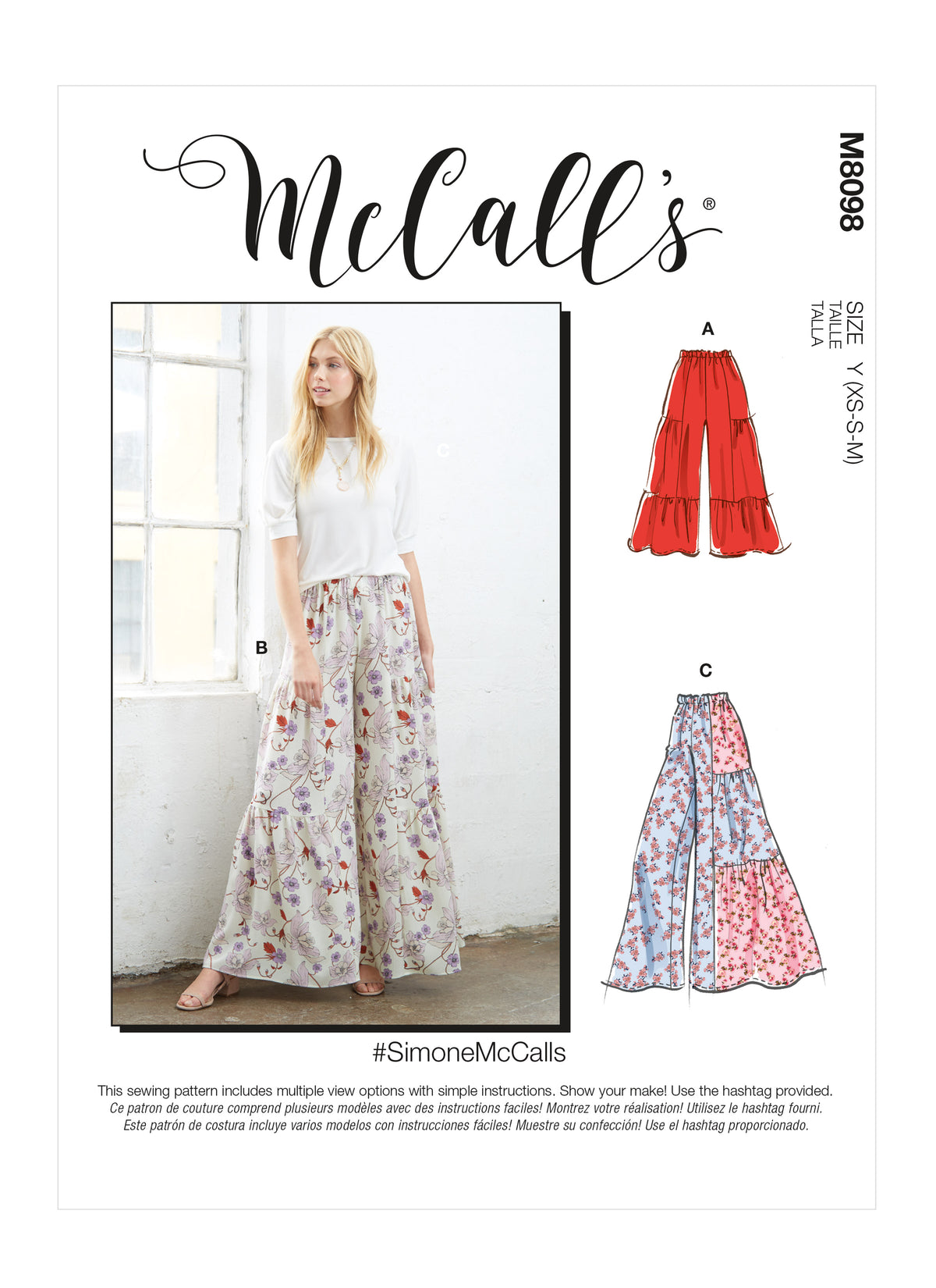 McCall's M8098 sewing pattern envelope showing wide leg trousers designs
