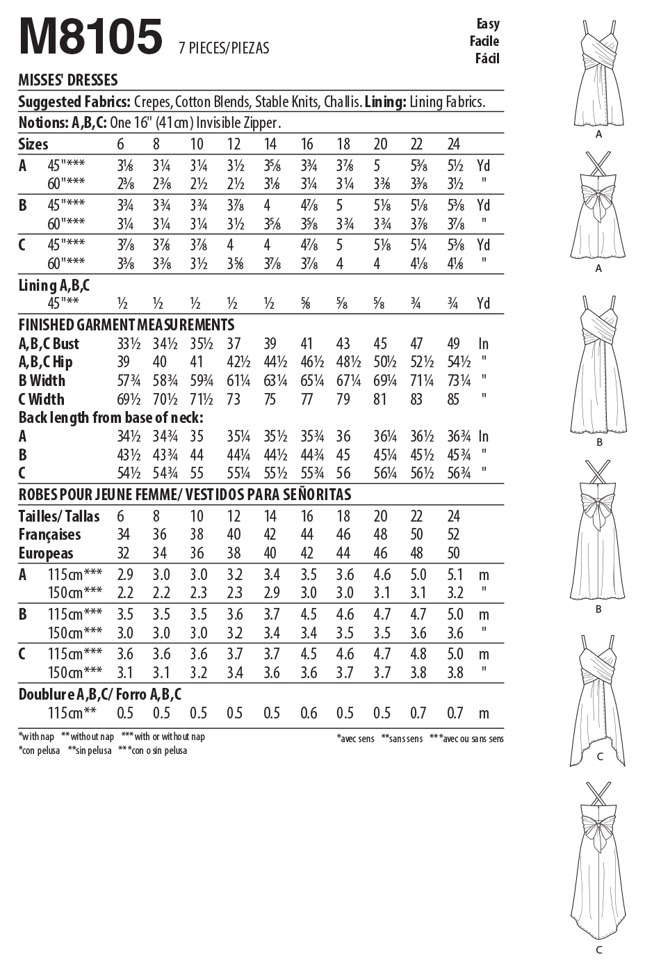 McCall's M8105 sewing pattern envelope showing faux wrap dress designs
